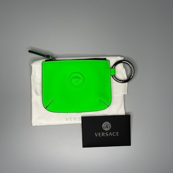 Versace Medusa Logo Neon Green Leather Keychain Pouch Wallet Unisex Bag Charm - Picture 1 of 9